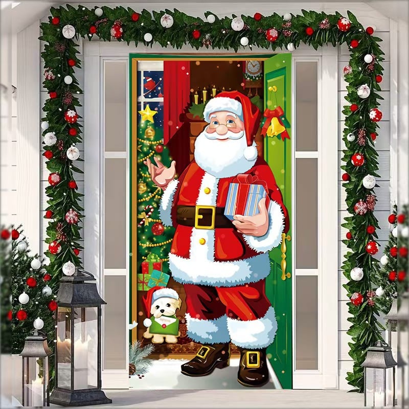Christmas Door Covers,Decorative Bow Bell Wreath Christmas Door Wraps
