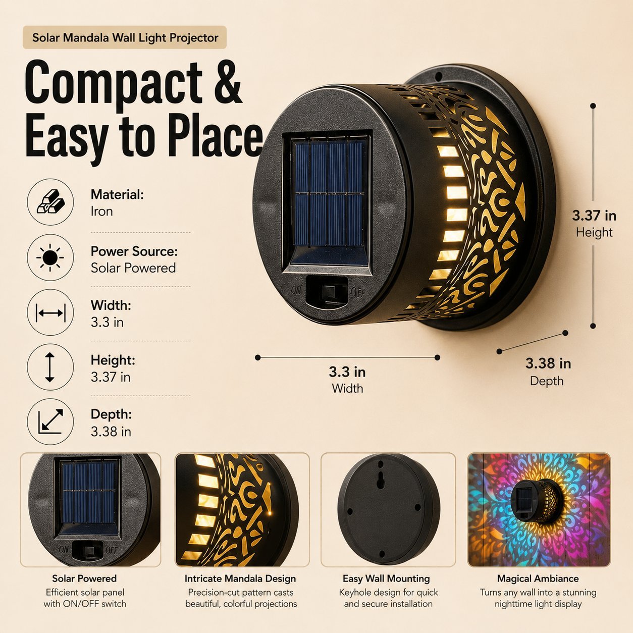 Solar MandalaWall Light Projector Turn Walls Into Nighttime Art