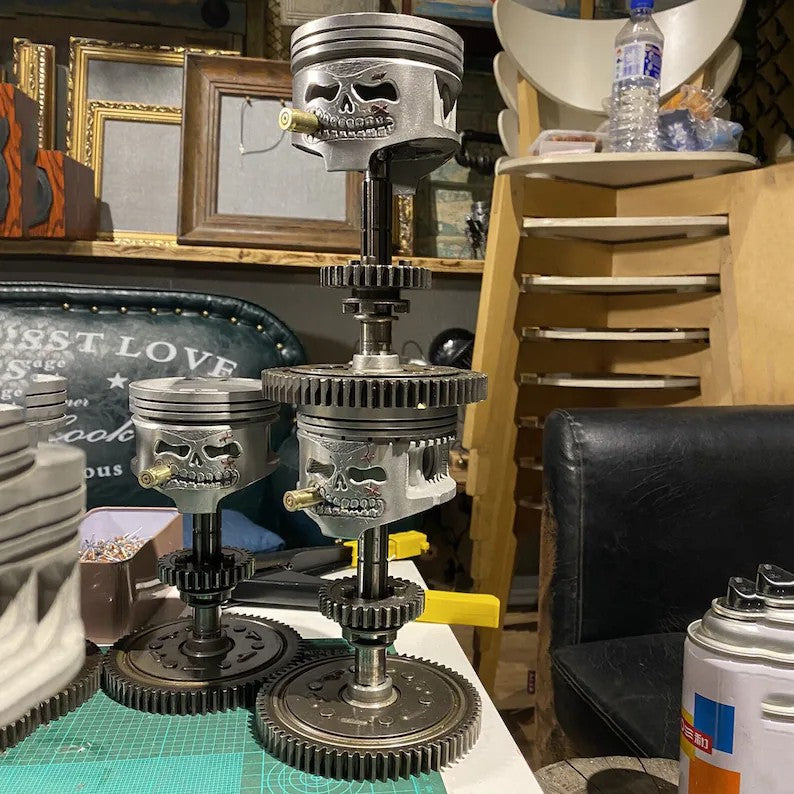 Custom Piston Skull Sculpture on Gear Base