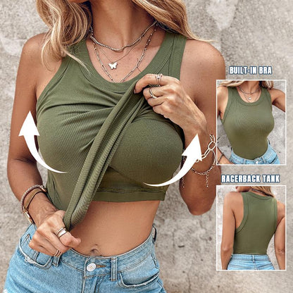 Built-in Bra Ribbed Round Neck Tank Top
