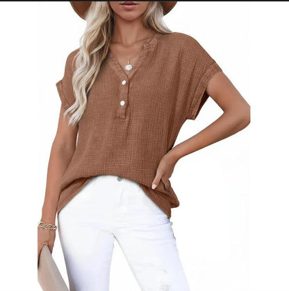 🔥Last Day 49% OFF-🎁Women's Summer 2026 Boho Tops Casual Button Short Sleeve V Neck Shirts Solid Cotton Blouses
