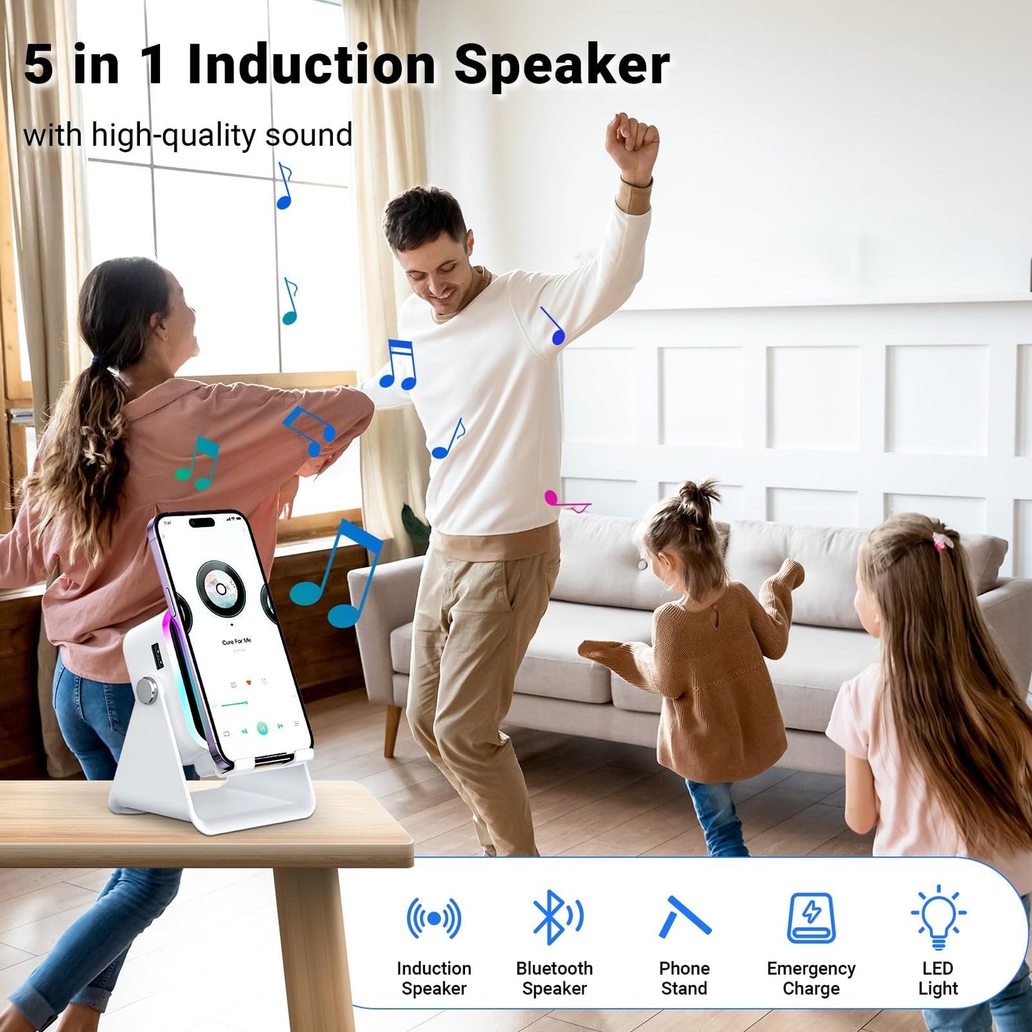 Wireless Induction Speaker 5-in-1 Bluetooth Speaker with Phone Stand,Stereo Sound