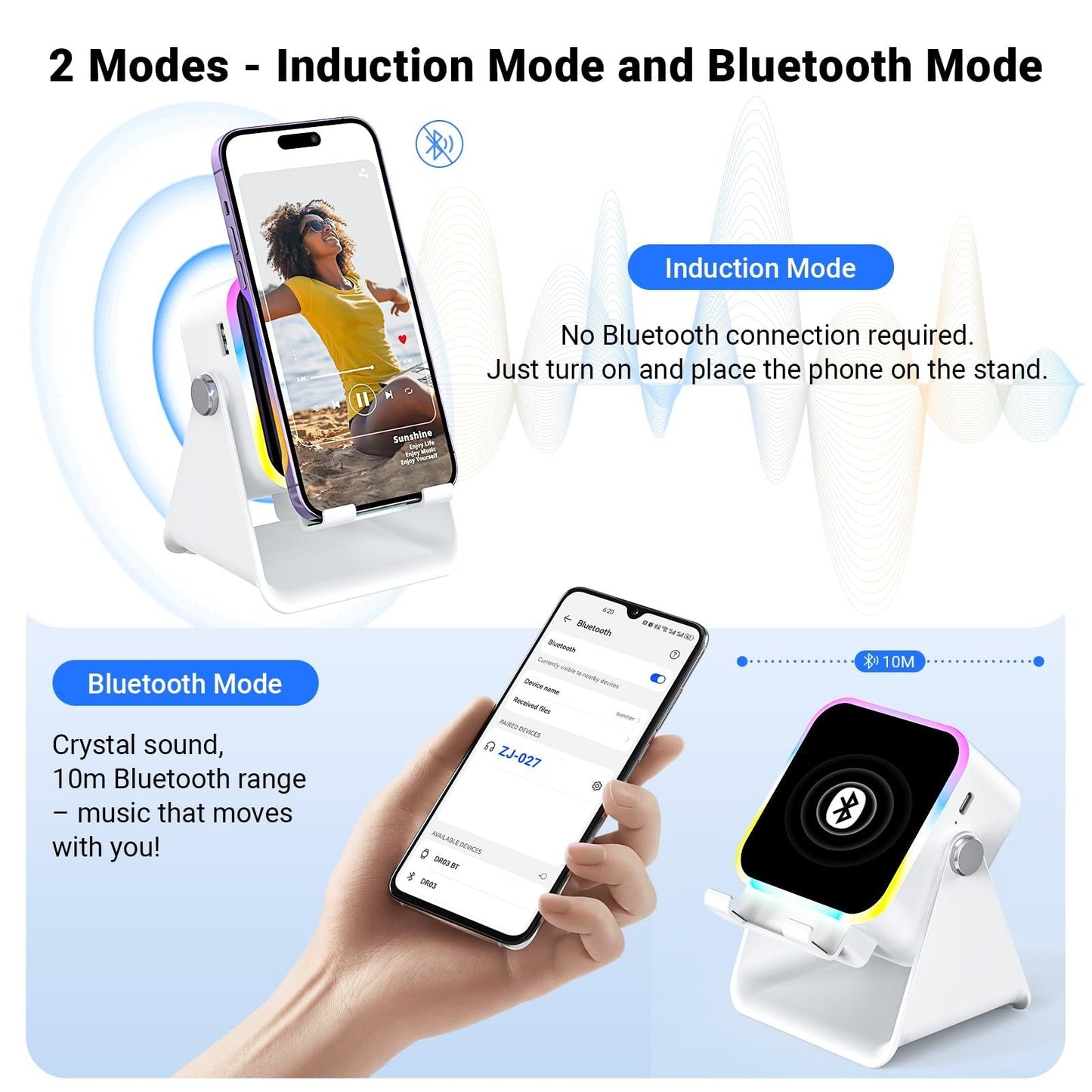 Wireless Induction Speaker 5-in-1 Bluetooth Speaker with Phone Stand,Stereo Sound