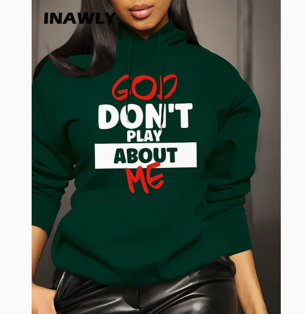Women's Front Slogan Letter Print Hooded Sweatshirt – Casual Graphic Pullover, Trendy Statement Hoodie